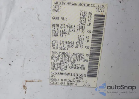 2016 Nissan Murano Sv from USA, damaged, VIN 5N1AZ2MH3GN153695